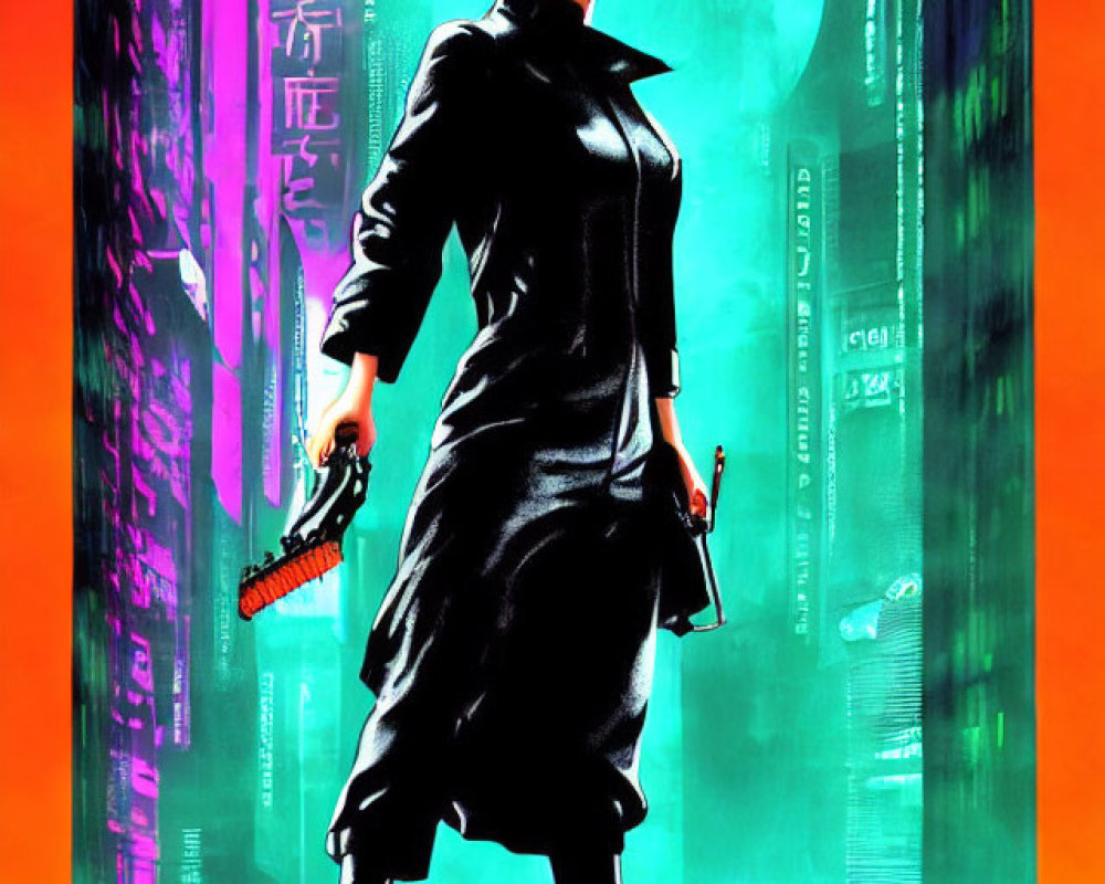 Person in black coat with gun in cyberpunk cityscape.