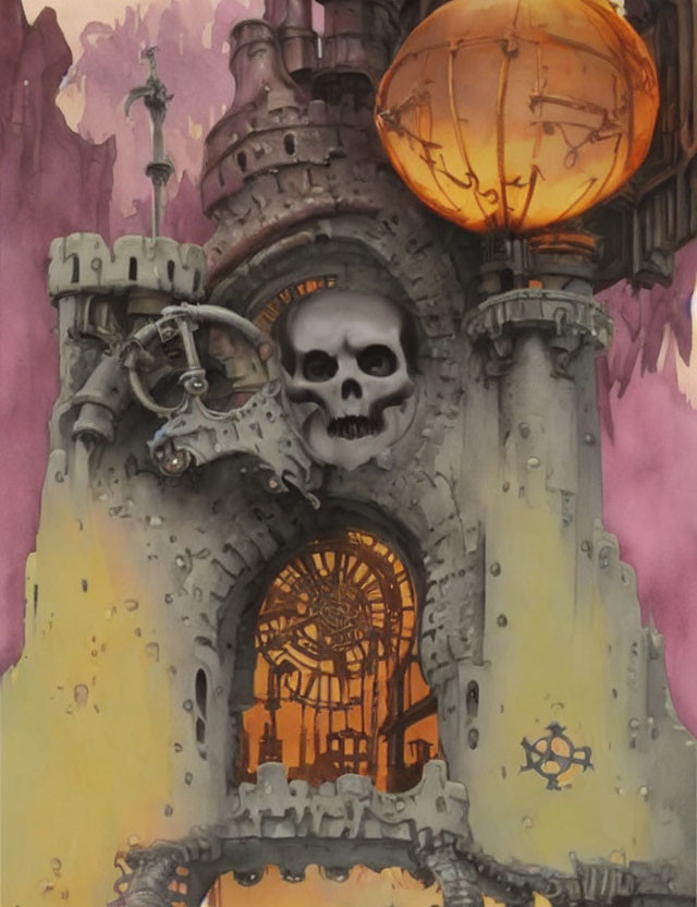 Gothic castle with skull facade, ornate gate, glowing amber orb in dusky purple sky