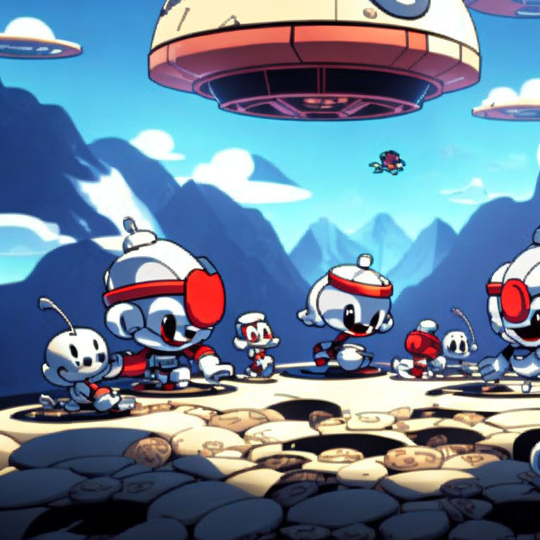 Stylized red and white robot characters in mountain landscape with flying saucer