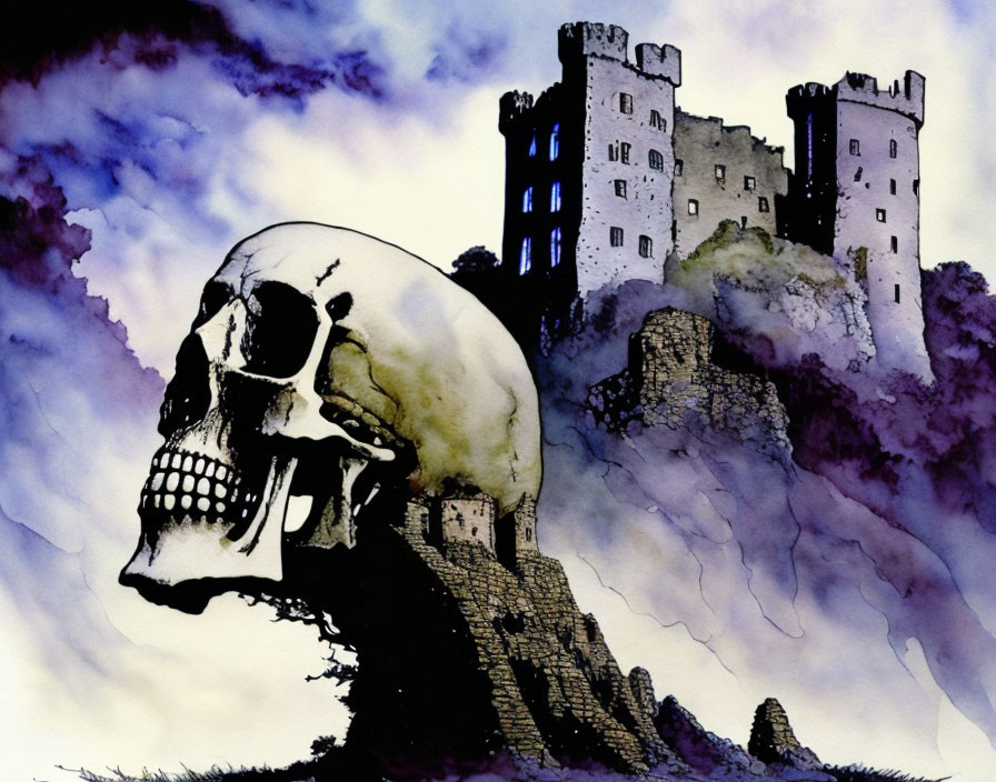 Large skull and castle on craggy hill under purple sky