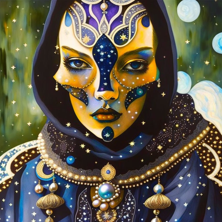 Portrait of woman with cosmic features and dark hood, adorned with ornate jewelry