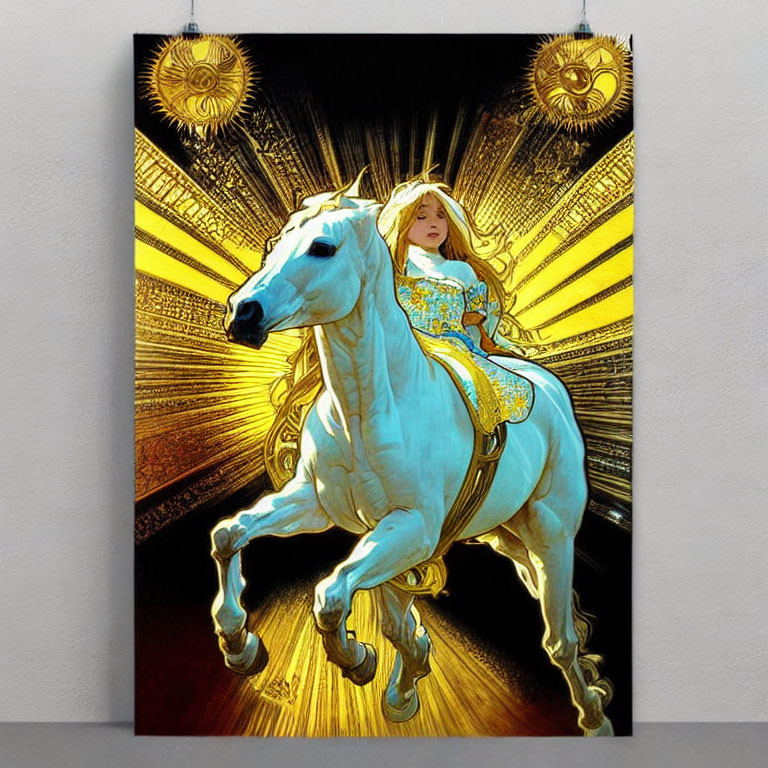 Majestic white horse with blonde woman in blue and gold dress against radiant backdrop