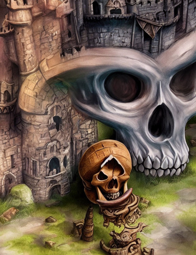 Fantasy illustration: Ominous skull and decaying castle in mist