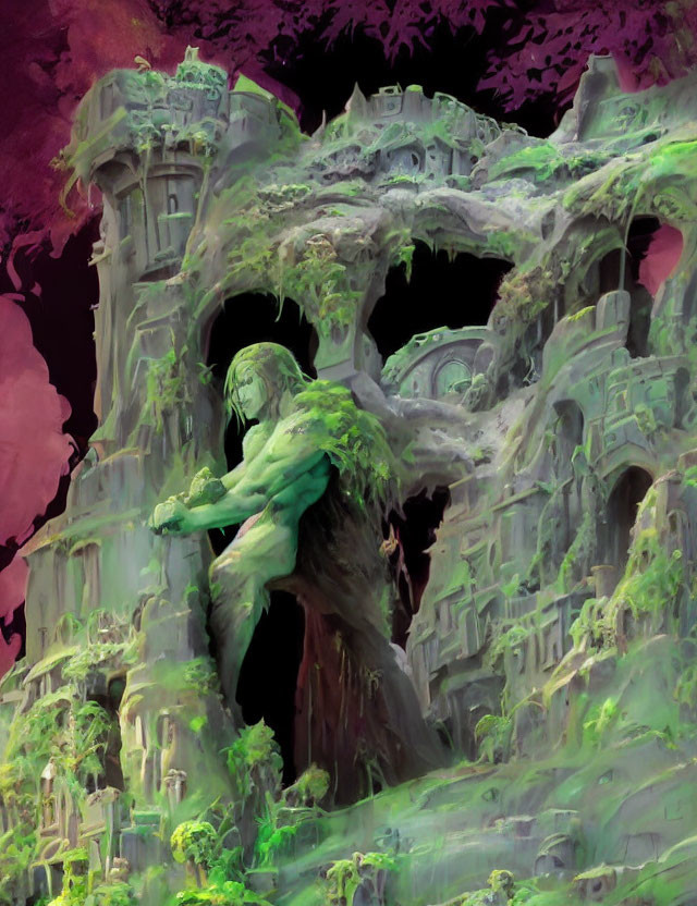 Gigantic green statue in ancient ruin under colorful sky