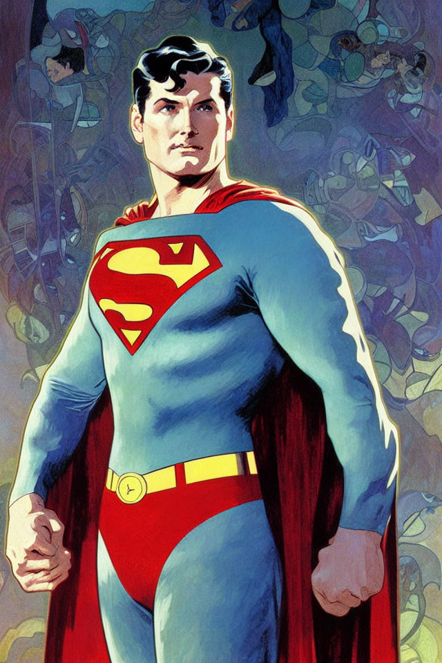 Superman in blue costume with red cape and "S" emblem