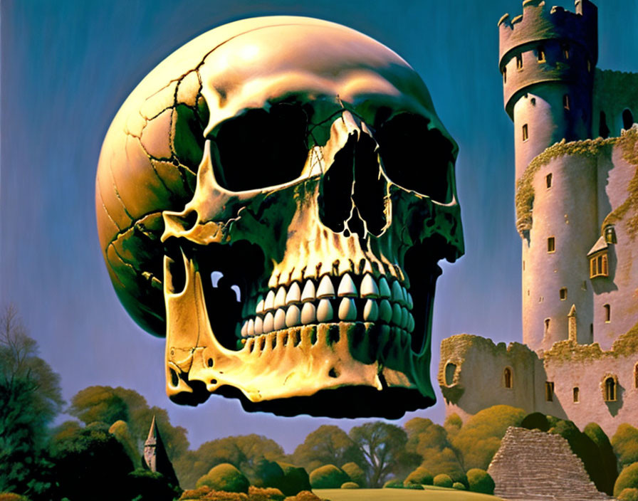 Surrealist golden skull over castle and trees landscape