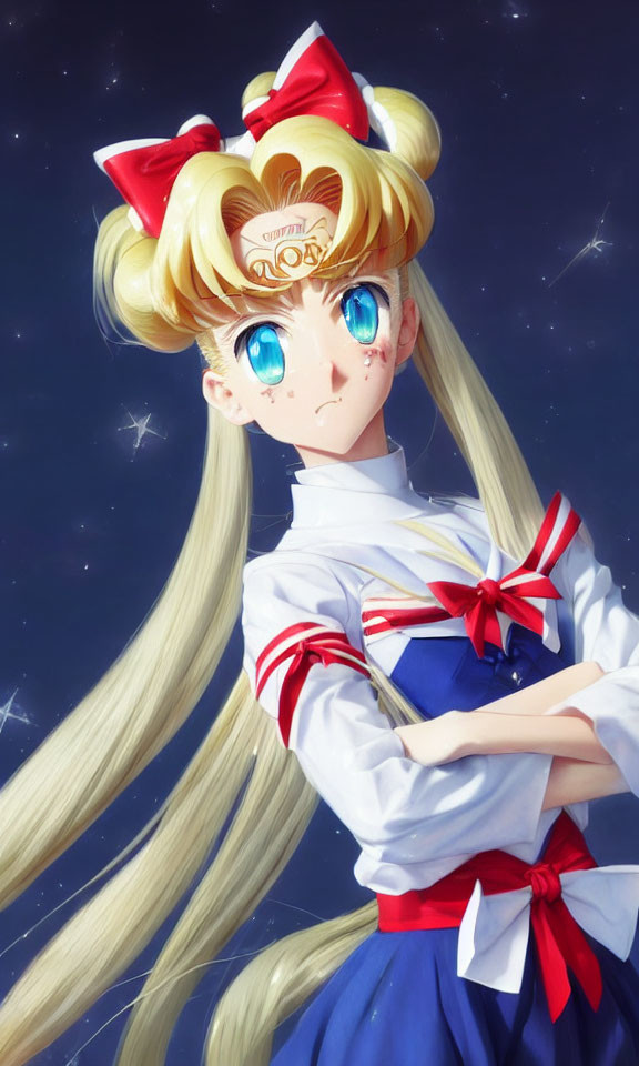 Blonde anime character with pigtails in sailor uniform under starry sky