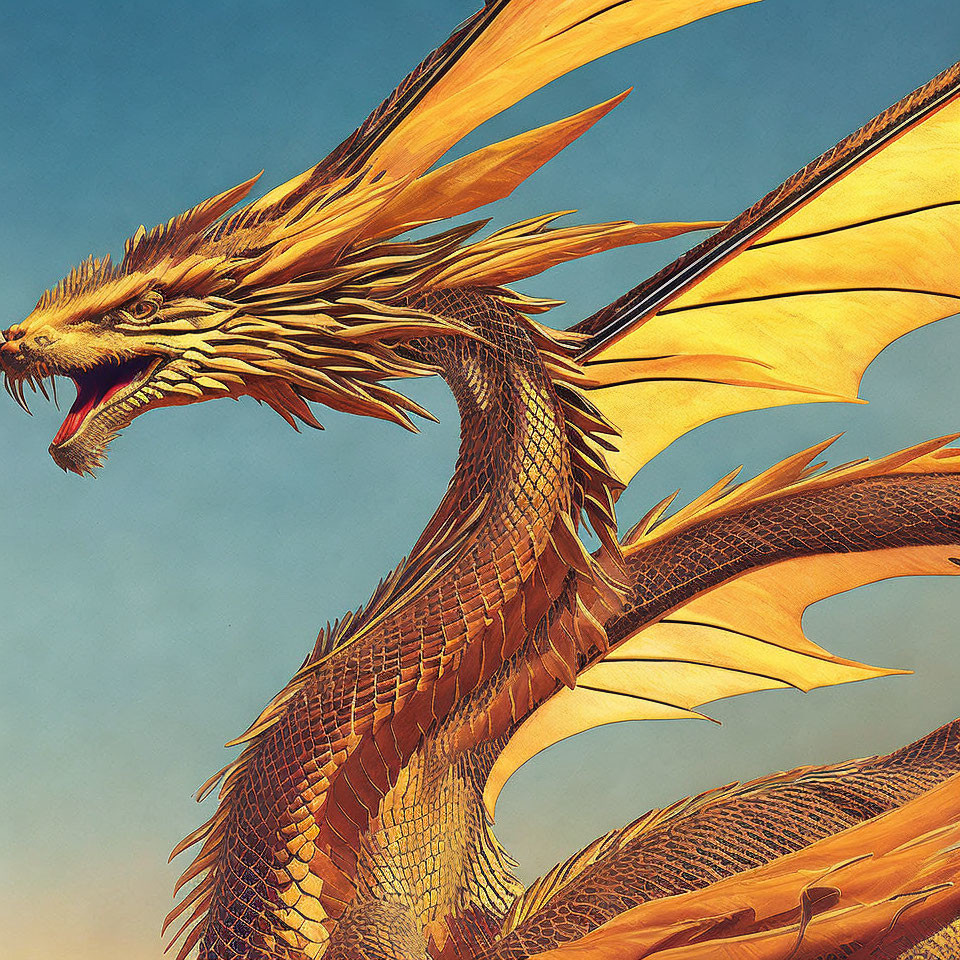 Detailed Illustration: Majestic Golden Dragon with Scales and Outstretched Wings on Blue Sky