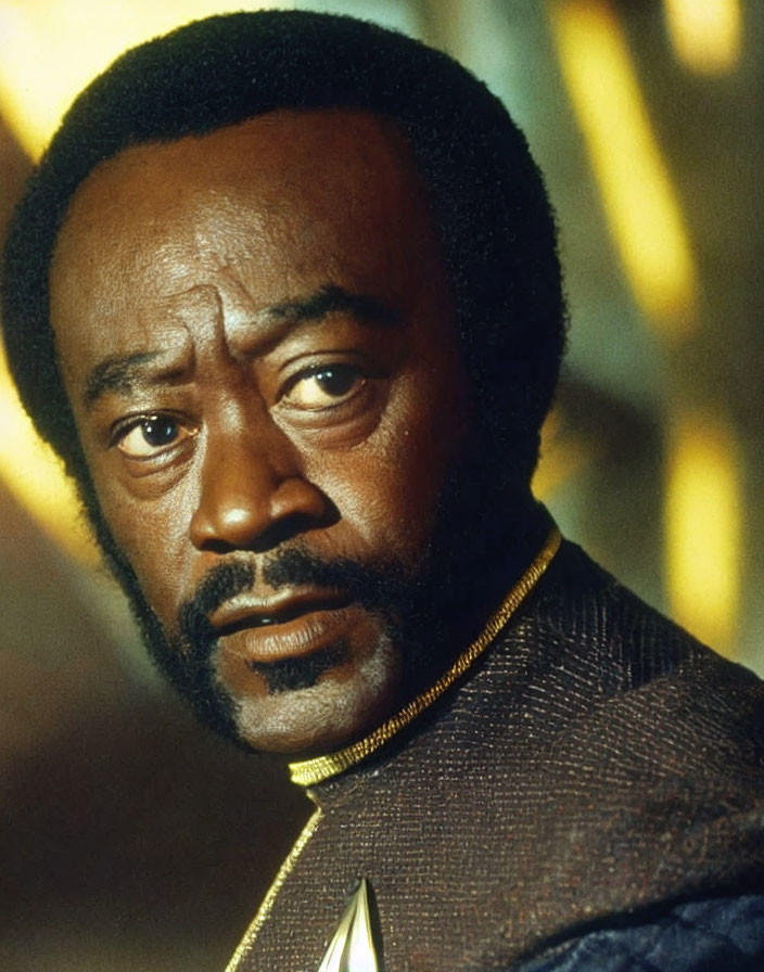 Bearded man in dark textured garment with brooch, looking contemplative