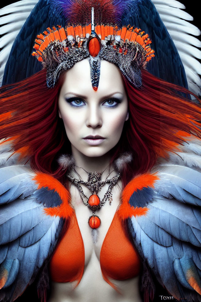 Red-haired woman in ornate headdress with orange and black feathers