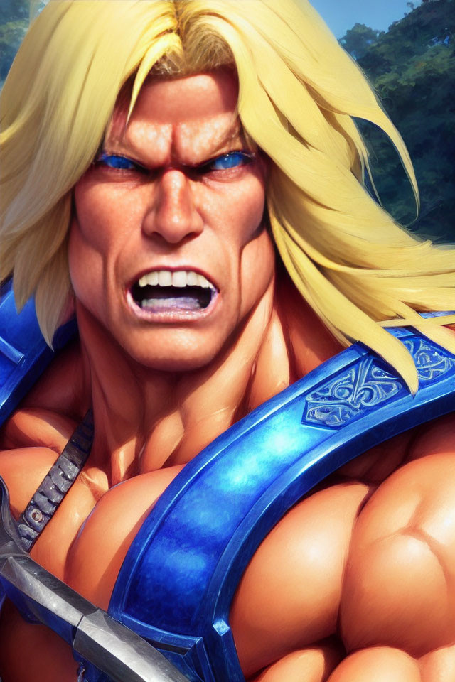 Blonde animated character in blue armor with intense expression