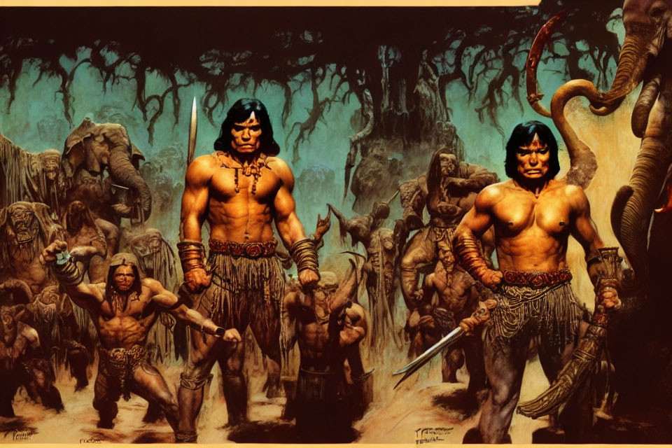 Three muscular warriors with swords in front of elephants and eerie trees.