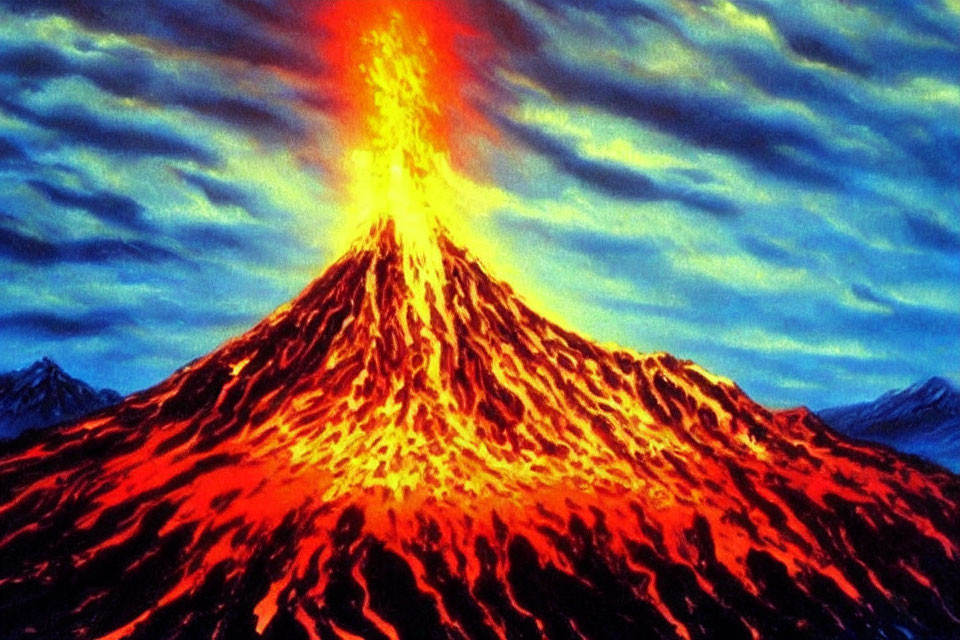 Vivid painting of volcanic eruption with bright orange lava and fiery plume