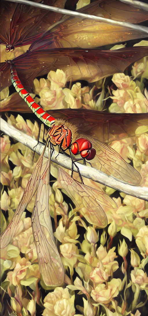 Colorful Dragonfly Perched on Twig with Yellow-Green Foliage