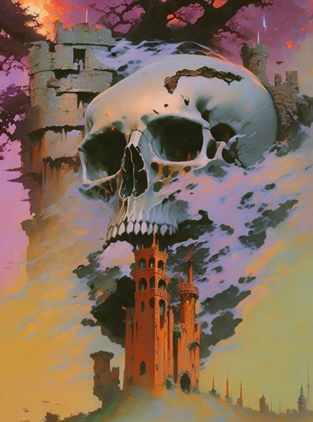 Large skull foreground with vibrant castle landscape background in surreal image.