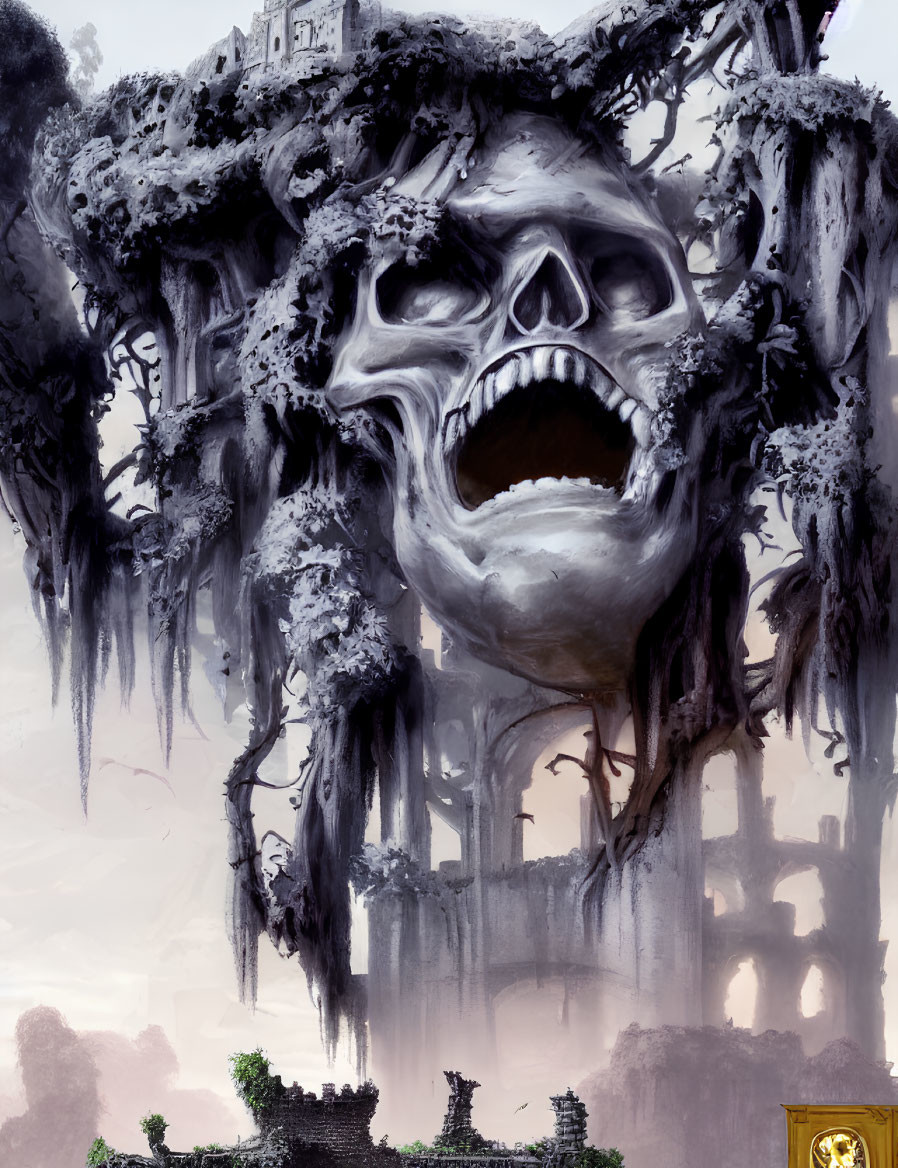 Surreal landscape featuring giant skull, trees, castle, moss, and vines