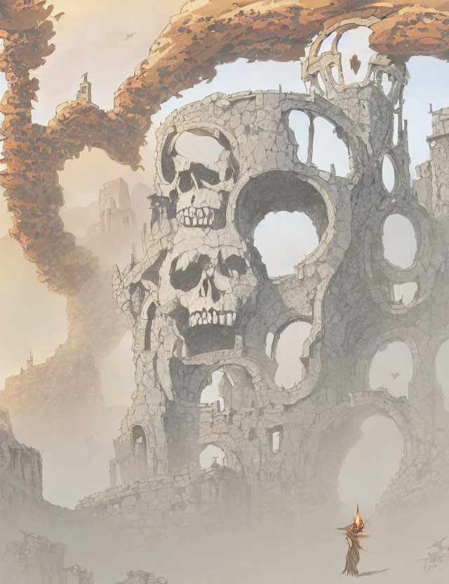 Fantastical skull-shaped ruins in misty amber sky