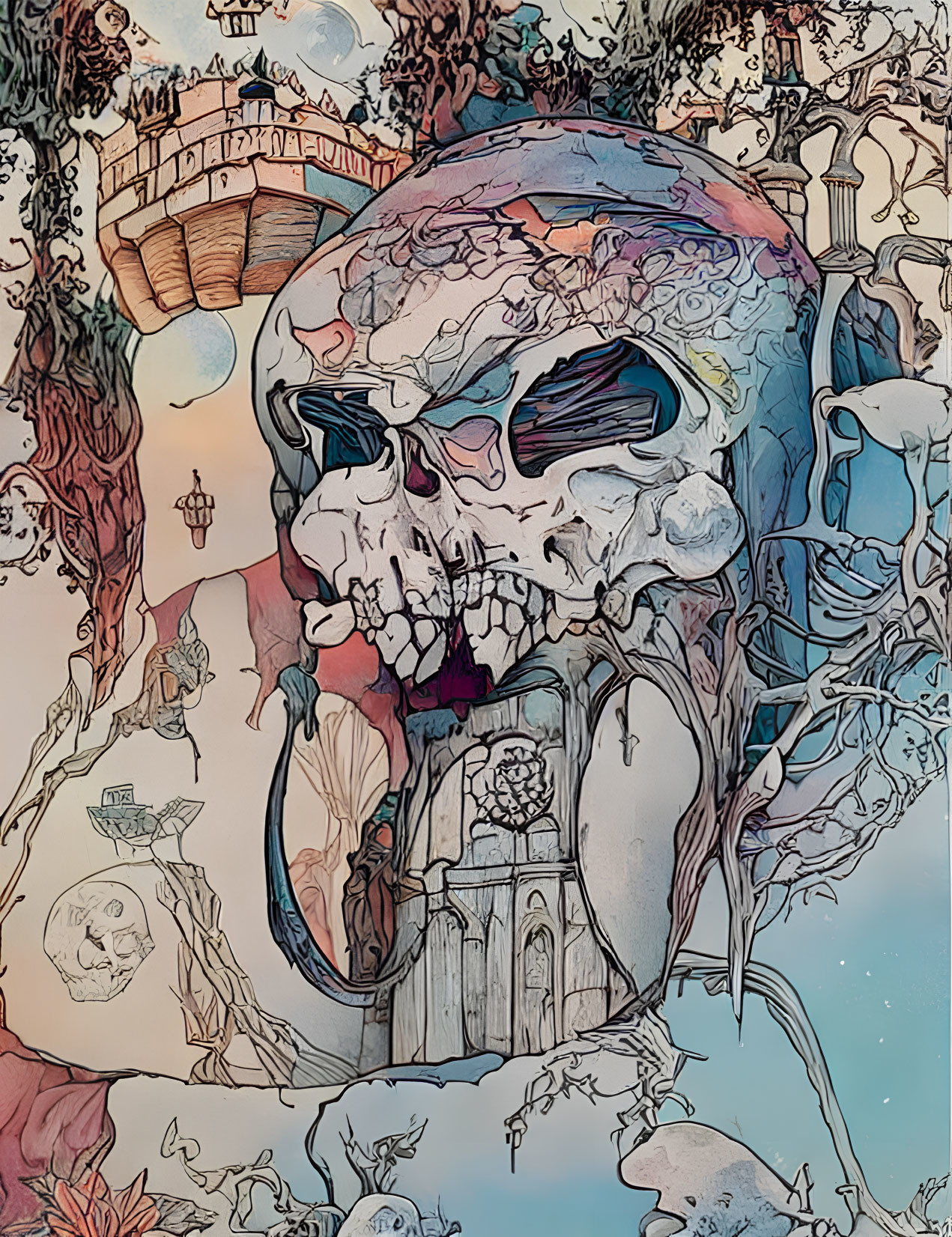 Colorful surreal art: Oversized skull with vines, foliage, intricate details, and smaller skulls in