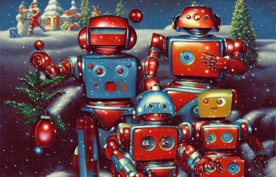 Illustration of vintage-style robot family in snowy Christmas scene