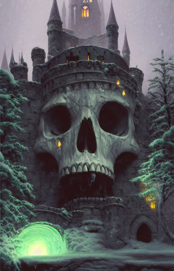 Spooky Castle with Giant Skull Facade in Snowy Landscape