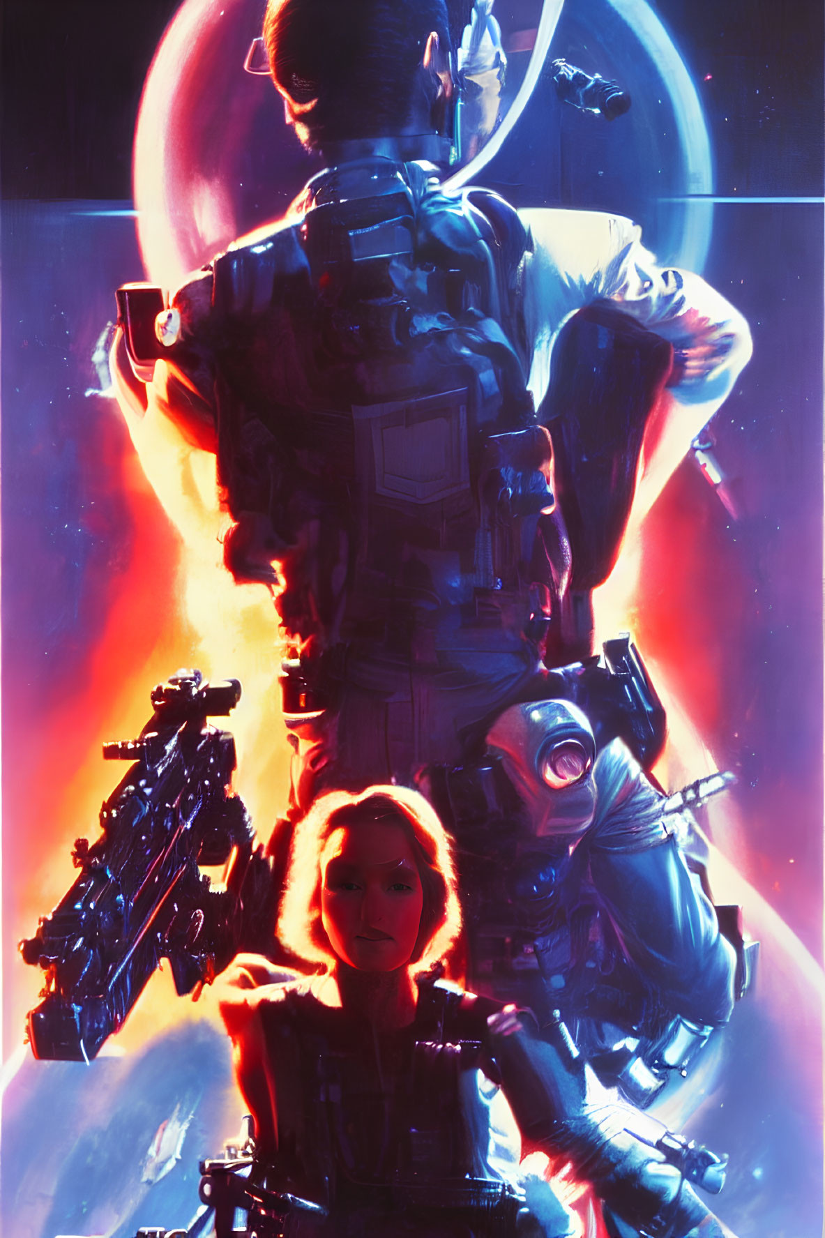 Sci-Fi Poster: Two Armed Characters in Futuristic Armor Against Cosmic Backdrop