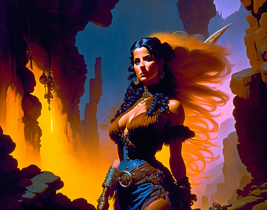 Fantasy artwork of woman in elaborate costume against vivid landscape