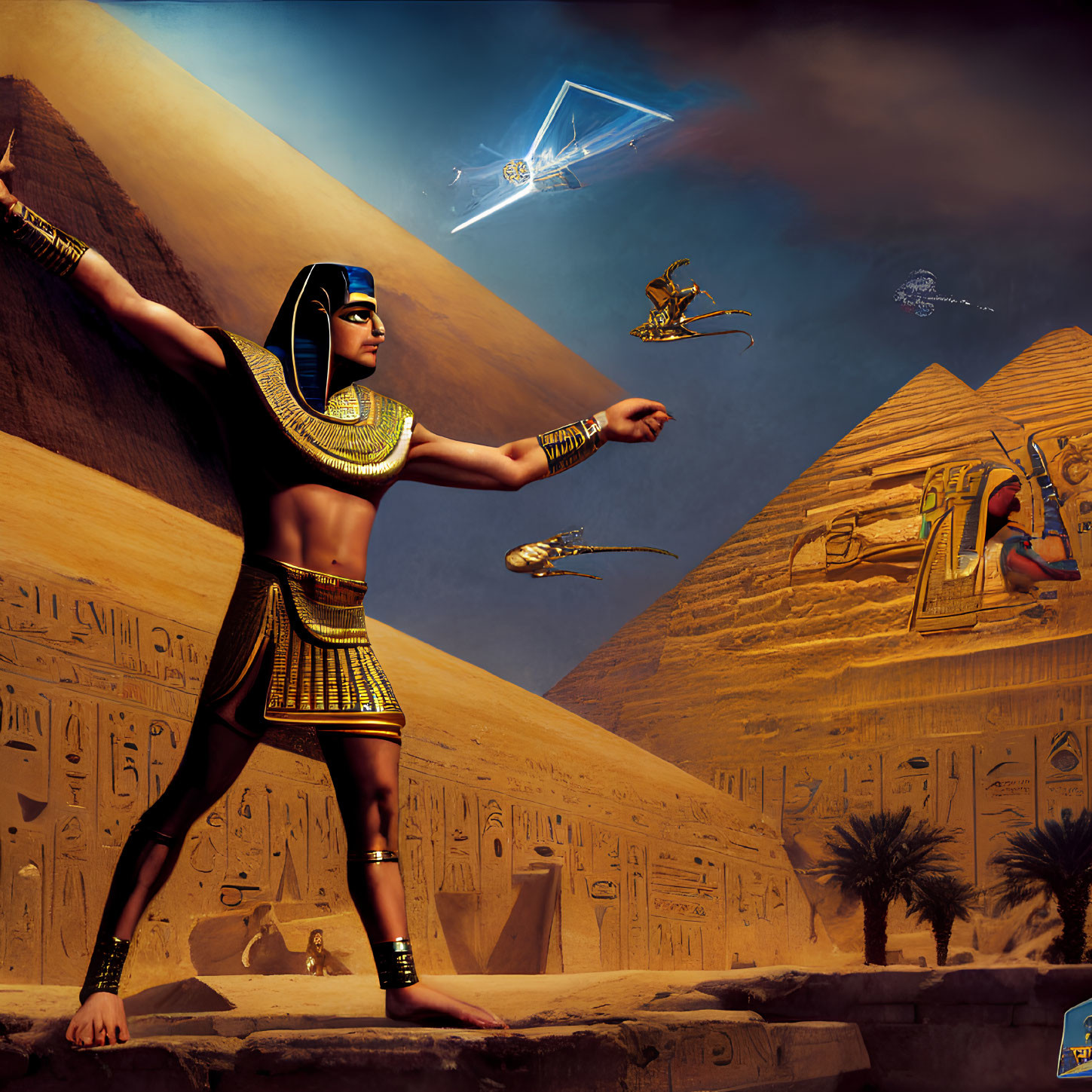 Stylized Egyptian figure in ancient attire with pyramids and futuristic space vehicles