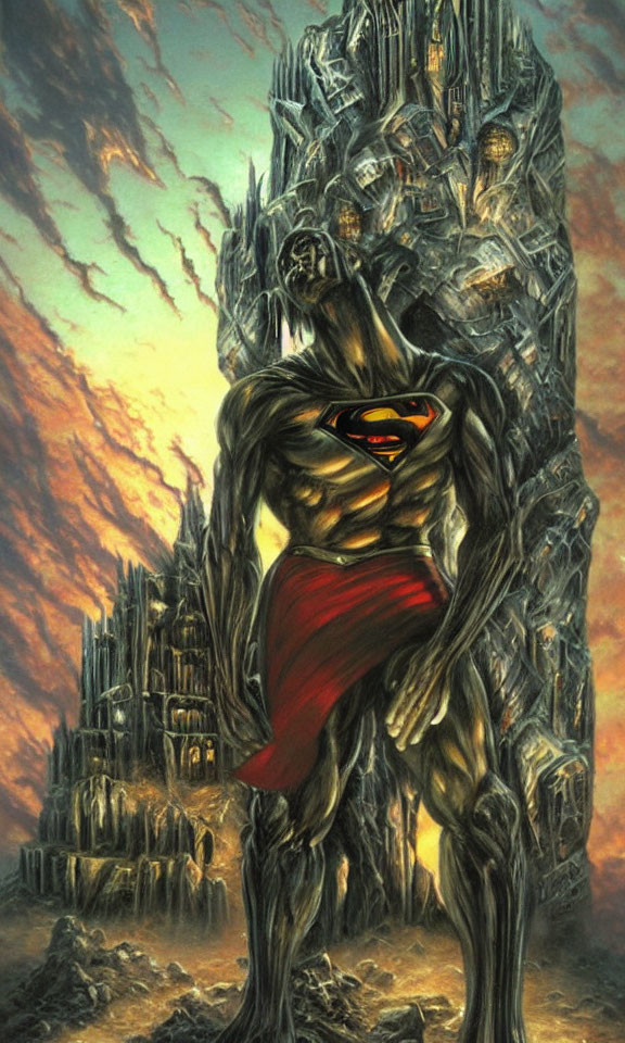 Muscular superhero with red cape in front of towering fortress under dramatic sky