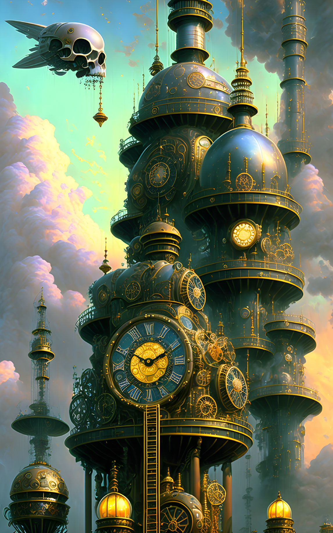 Steampunk-style tower with gears and airships in cloudy sky