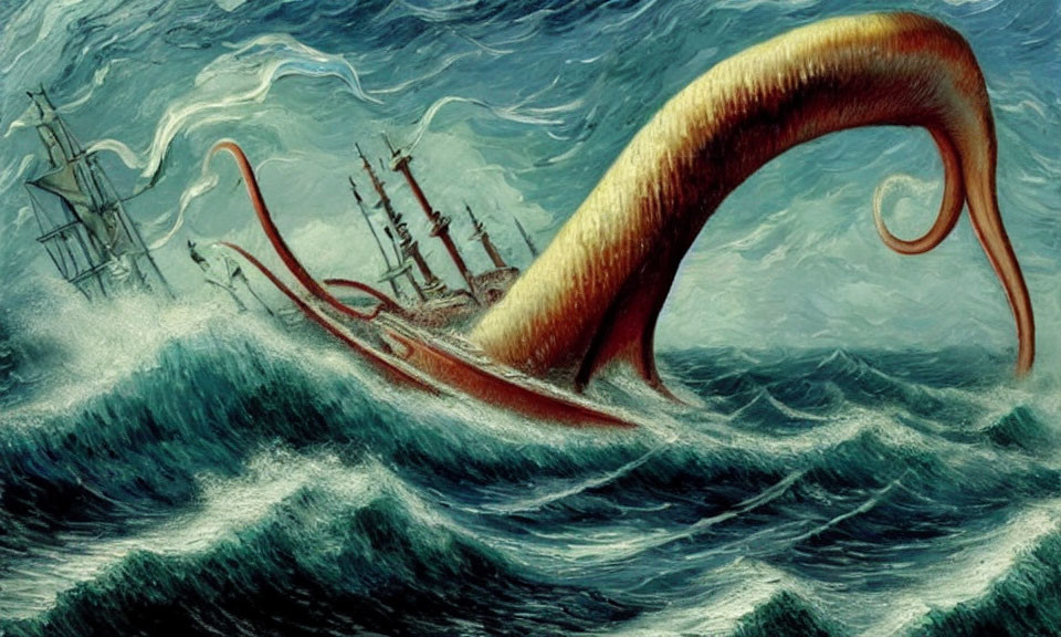 Giant sea monster with tentacles near sailing ship in stormy seas