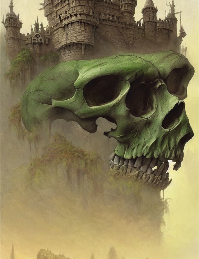 Large green moss-covered skull with castle in misty background