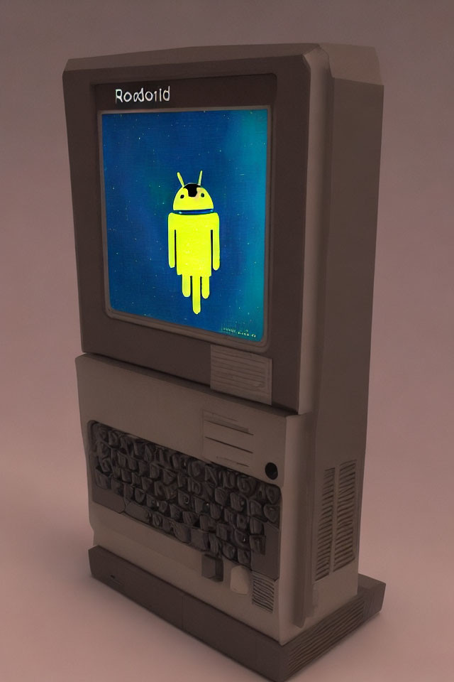 Vintage Beige Computer Showing Android Robot Image "Rododroid