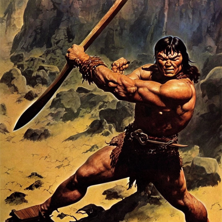 Muscular Barbarian with Sword on Rocky Terrain in Loincloth & Gauntlets