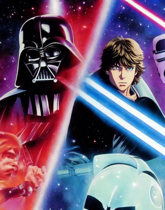 Famous Star Wars characters with crossed lightsabers in space