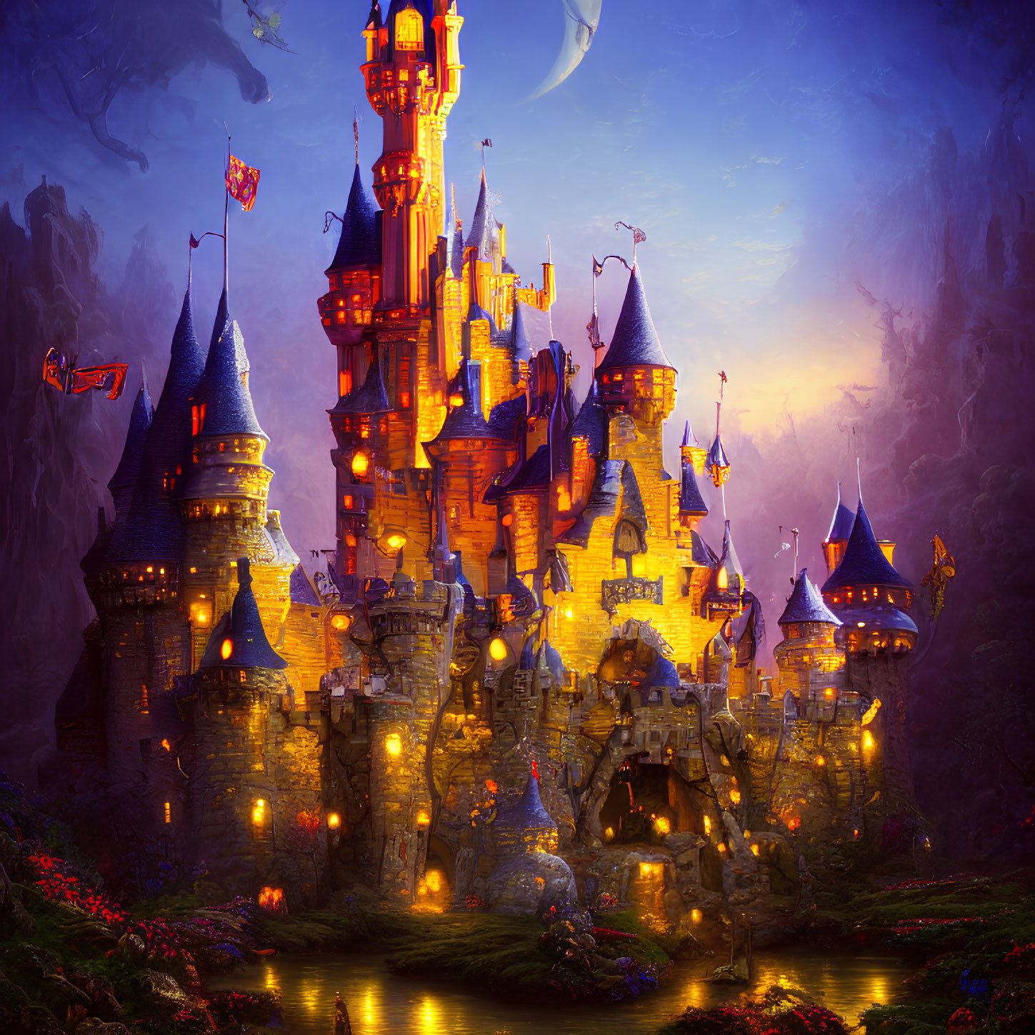 Illuminated castle with spires and flags in mystical landscape