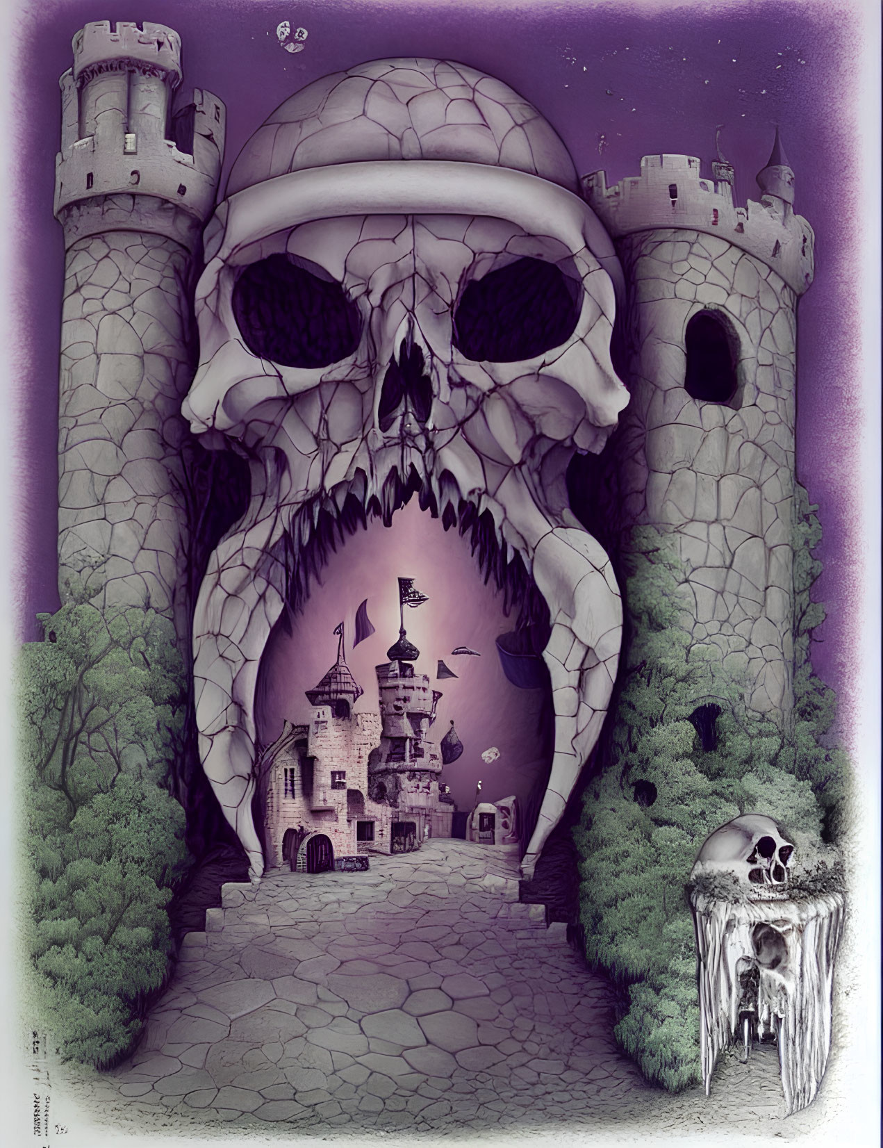 Fantasy artwork: Skull-shaped mountain with castle and towers at base