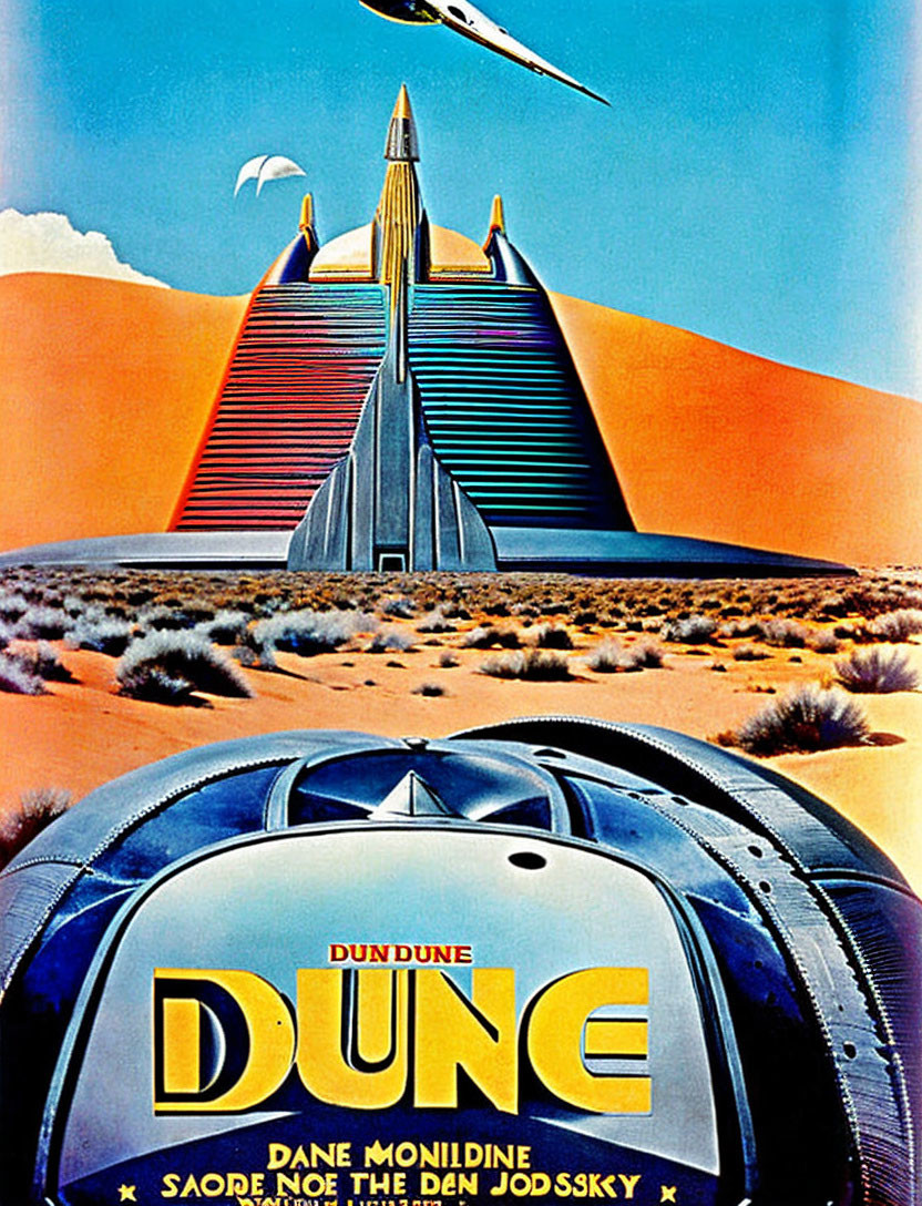 Colorful Poster: Futuristic Pyramid in Desert with Spacecraft - "DUNE" Title