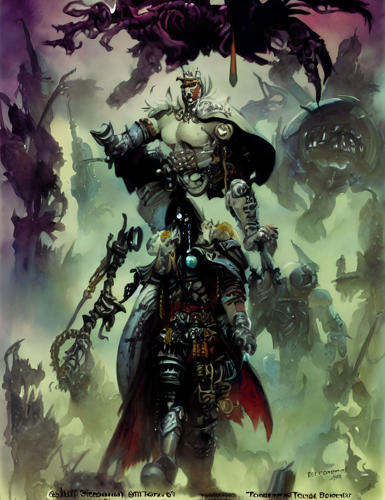 Fantasy illustration of armored warrior with horned helmet and skull in misty backdrop