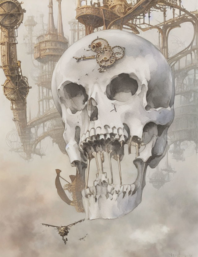 Steampunk-inspired skull with mechanical gears among airships and metallic structures