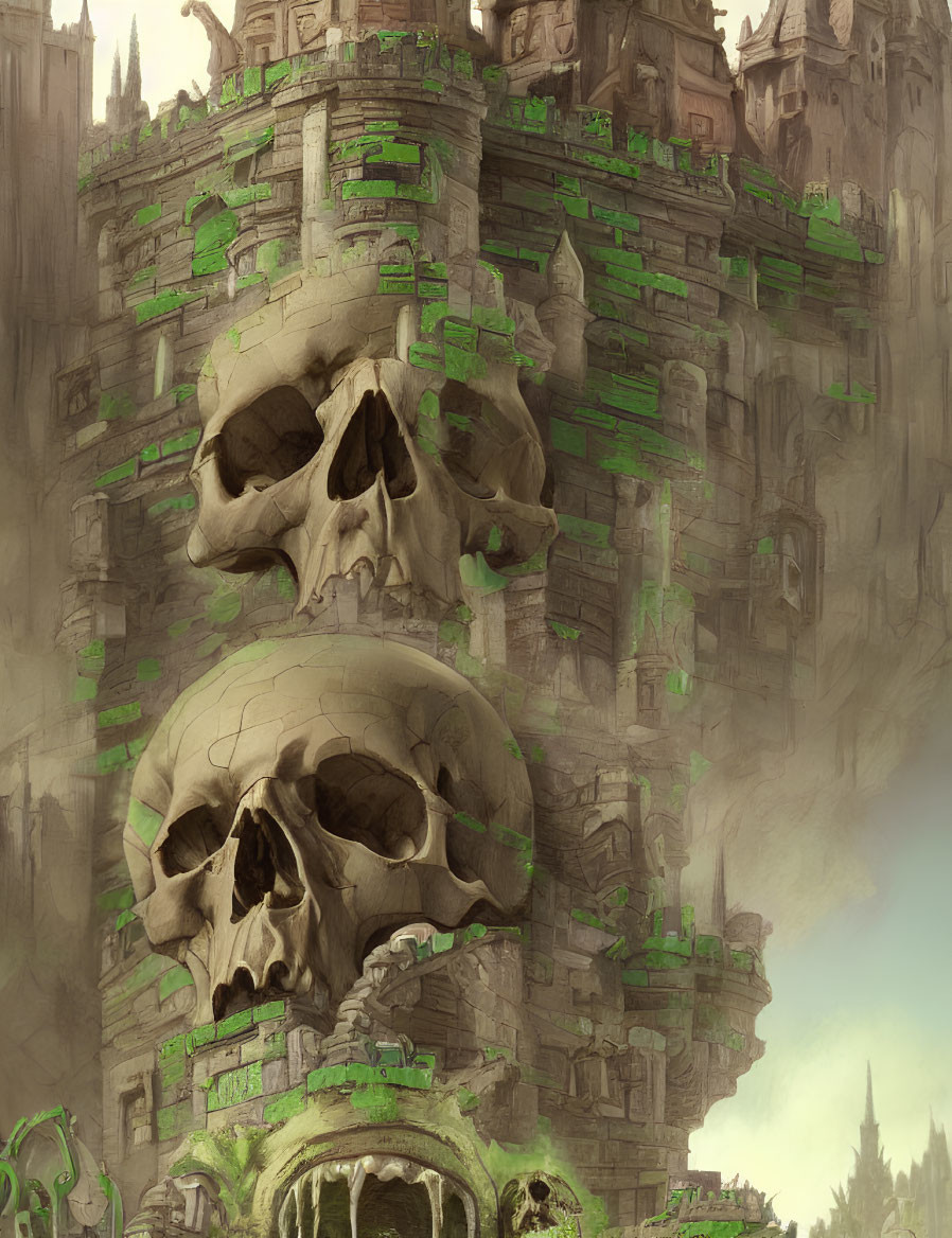 Skull-shaped stone fortress with ruins and greenery