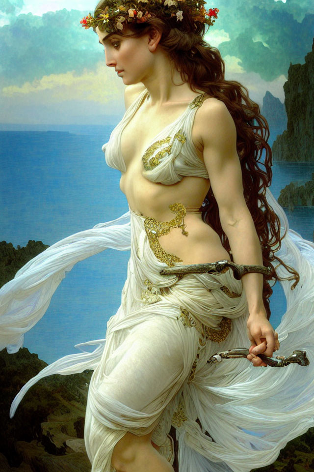 Mythological female figure with floral crown and sword by seascape