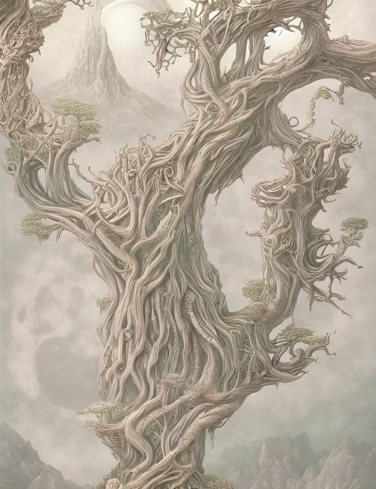 Ethereal illustration of ancient trees in misty mountainous setting