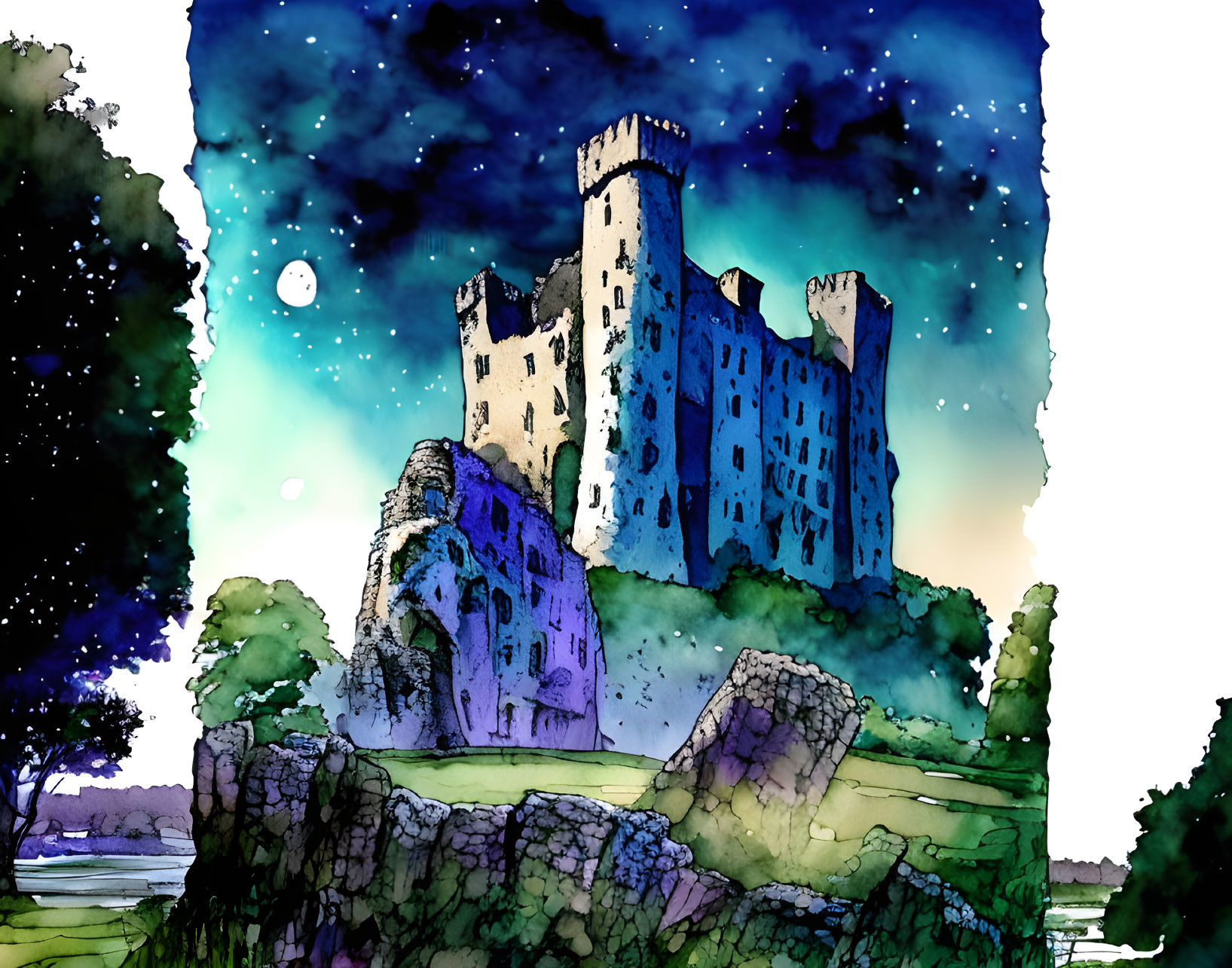 Watercolor illustration of imposing castle at night with full moon