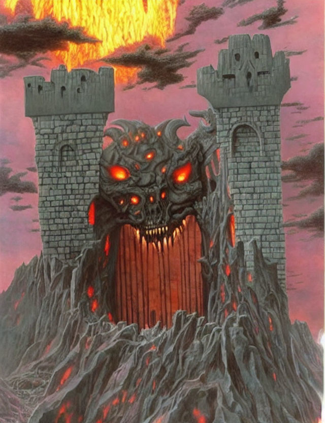 Mythical dragon-like creature with multiple red eyes emerging from castle gate on craggy mountain under