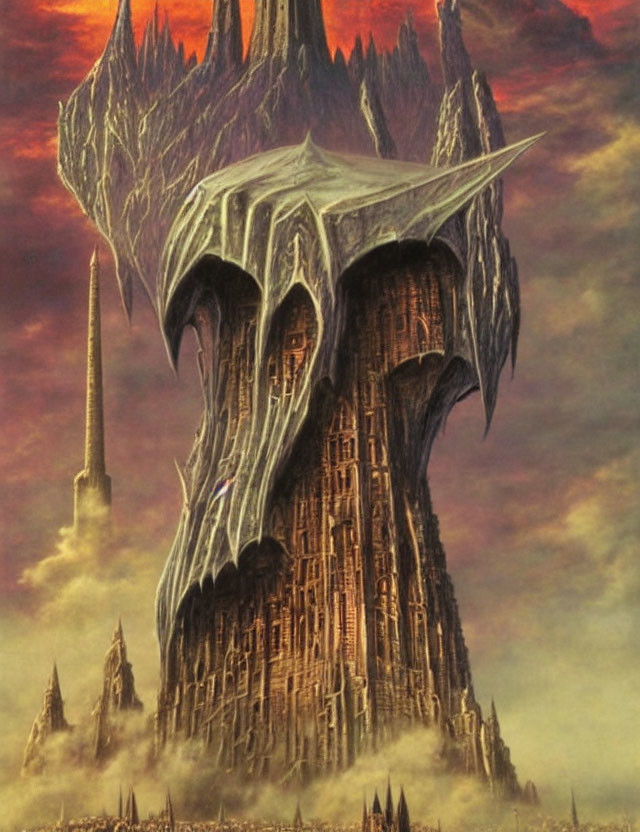 Fantasy tower with spiked protrusions under red sky