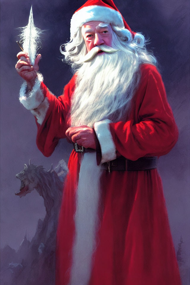 Santa Claus with icy spear and white wolf illustration