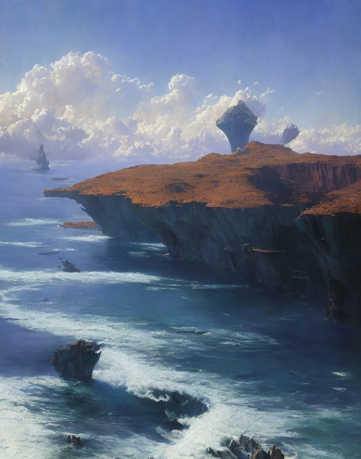 Majestic painting of vast ocean with floating island & mysterious structure