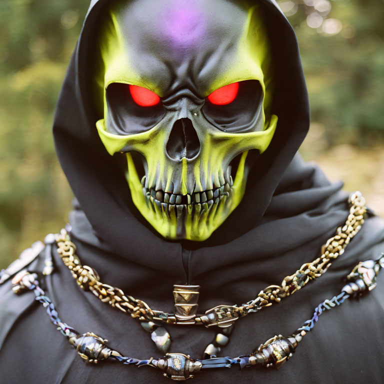 Skull mask with glowing red eyes and chain necklace in natural setting