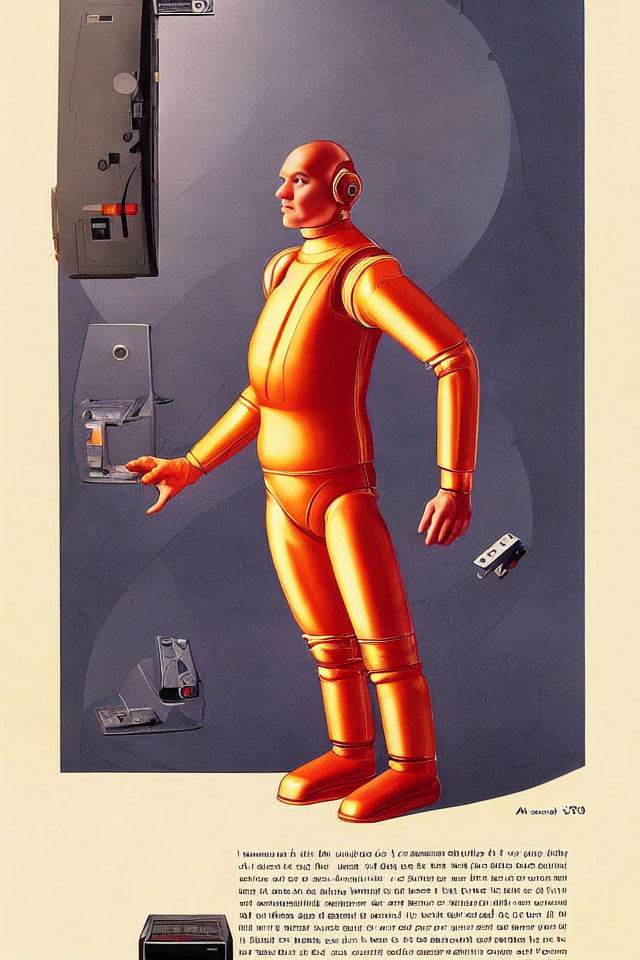 Futuristic orange spacesuit with robotic hand illustration