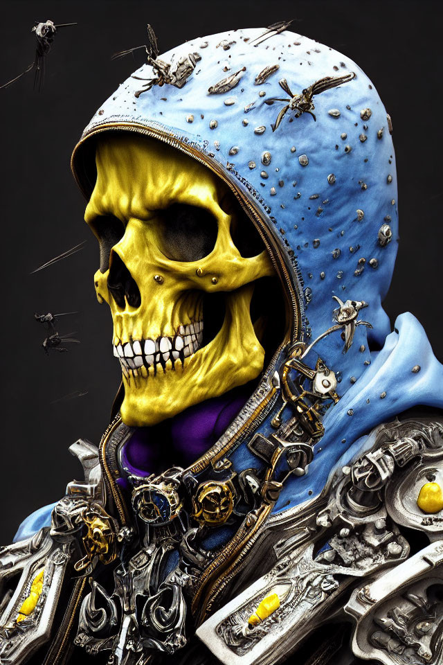 Yellow Skull with Blue Hood and Metallic Details Artwork